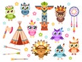 Tribal owls. Cute indian owl characters with ethnic ornament and feathers colored pattern tribal birds, kids cartoon