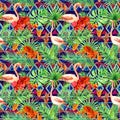 Tribal pattern, tropical leaves, flamingo birds. Repeated ethnic background. Watercolor