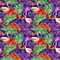 Tribal pattern, tropical leaves, flamingo birds. Repeated ethnic background. Watercolor