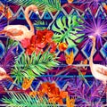 Tribal pattern, tropical leaves, flamingo birds. Repeated native background. Watercolor Royalty Free Stock Photo