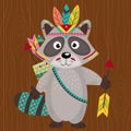 Tribal raccoon on wooden background