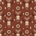 Tribal seamless pattern with skulls of animals and traps for dreams. Decorative ethnic background