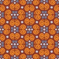 Rust, mustard, blue seamless tribal repeat pattern with swirls