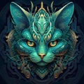 Tribal style cat image with feathers instead of fur.