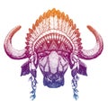 Buffalo, bull, bison, ox. Portrait of vector animal wearing traditional indian headdress with feathers. Tribal style Royalty Free Stock Photo