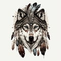 Tribal style wolf with ethnic ornaments and war bonnet on head