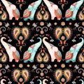 Tribal watercolor seamless pattern: elephant, paisley ornament. Ethnic indian elephants background