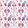 Tribal watercolor seamless pattern: elephant, paisley ornament. Ethnic indian elephants background Royalty Free Stock Photo