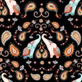 Tribal watercolor seamless pattern: elephant, paisley ornament. Ethnic indian elephants background Royalty Free Stock Photo