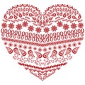 Tribal zentangle Aztec heart shape with floral elements in hand drawing lace ornamental style in red and white style