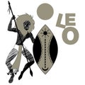 Tribal zodiac. Leo. Lion-headed man, holding a spear and holding a shield, dancing a tribal dance