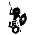 Tribal zodiac. Leo. Lion-headed man, holding a spear and holding a shield, isolated on white background