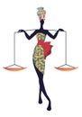 Tribal zodiac. Libra. Elegant woman in floral dress and turban, carrying a scale on her shoulders