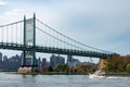 Triborough Bridge connecting Astoria Queens New York to Wards and Randall`s Island over the East River with a Boat