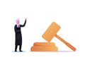 Tribunal or Justice Concept, Grey Haired Judge Character Wear Black Gown Stand at Huge Gavel. Attorney Lawyer in Court