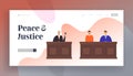 Tribunal and Justice Website Landing Page, Judge in Black Gown Hold Gavel. Accused Man in Prison Robe Sitting with Royalty Free Stock Photo