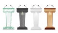 Tribune Set Vector. Podium Rostrum Stand With Microphones. Business Presentation Or Conference, Debate Speech Isolated