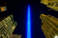 9/11 Tribute in Light and the New York City`s Lower Manhattan Downtown Skyline to commemorate the Memory of September 11, 2001 Royalty Free Stock Photo