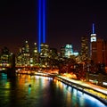 9/11 Tribute in Light and the New York City`s Lower Manhattan Downtown Skyline to commemorate the Memory of September 11, 2001 Royalty Free Stock Photo