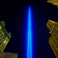 9/11 Tribute in Light and the New York City`s Lower Manhattan Downtown Skyline to commemorate the Memory of September 11, 2001 Royalty Free Stock Photo