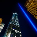 9/11 Tribute in Light and the New York City`s Lower Manhattan Downtown Skyline to commemorate the Memory of September 11, 2001 Royalty Free Stock Photo