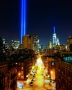 9/11 Tribute in Light and the New York City`s Lower Manhattan Downtown Skyline to commemorate the Memory of September 11, 2001 Royalty Free Stock Photo