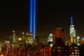 9/11 Tribute in Light and the New York City`s Lower Manhattan Downtown Skyline to commemorate the Memory of September 11, 2001 Royalty Free Stock Photo