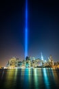 The Tribute in Light over the Manhattan Skyline at night, seen f Royalty Free Stock Photo