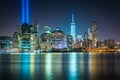 The Tribute in Light over the Manhattan Skyline at night, seen f Royalty Free Stock Photo