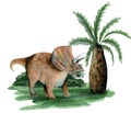 Triceratops dinosaur on prehistoric landscape watercolor illustration with palm tree, grass and bushes