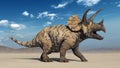 Triceratops, dinosaur reptile roaring, prehistoric Jurassic animal in deserted nature environment, 3D render