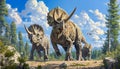 Triceratops family, featuring the iconic three-horned herbivores in a family grouping