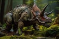 Triceratops in green jungle forest, herbivore dinosaur rendering. Generative AI