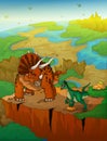 Triceratops and raptor with landscape background.