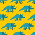 Triceratops on skateboard pattern seamless. Dino Skateboarder background. Prehistoric lizard monster riding longboard