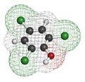 Trichlorophenol TCP, 2,4,6-trichlorophenol molecule. 3D rendering. Atoms are represented as spheres with conventional color.