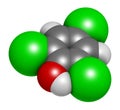 Trichlorophenol (TCP, 2,4,6-trichlorophenol) molecule. 3D rendering. Atoms are represented as spheres with conventional color