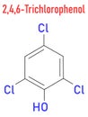 Trichlorophenol or TCP, 2,4,6-trichlorophenol molecule. Skeletal formula.