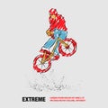 Trick on the BMX bike. Vector outline of extreme cyclist with scribble doodles