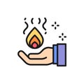 Trick with fire in hand, magic flat color line icon.