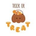 Trick or treat bag with Halloween sweets, candies. Cute pumpkin bag for Halloween party. Funny boho Halloween vector Royalty Free Stock Photo