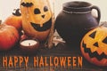 Trick or Treat bloody text, Happy Halloween. Pumpkins, jack-o-lantern, witch cauldron, bats, spider, candle, autumn leaves on Royalty Free Stock Photo