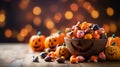 Trick or treat bonanza candy on blurred background with copy space. Halloween concept