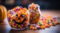 Trick or treat bonanza candy on blurred background with copy space. Halloween concept