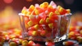 Trick or treat bonanza candy on blurred background with copy space. Halloween concept