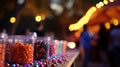 Trick or treat bonanza candy on blurred defocused background with copy space. Halloween concept