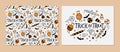 Trick or Treat card and seamless pattern. Halloween sweets black orange linear sketch. Halloween symbols. Autumn Season