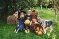 Trick-or-treat child concept. Happy Halloween. jack-o-lantern. Children in America celebrate Halloween. Surprised group