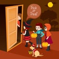 Trick Or Treat, Children And Man Open Door