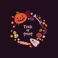 Trick or Treat, circle wreath for Halloween, fall holiday. Helloween decoration, design element with cute spooky Jack